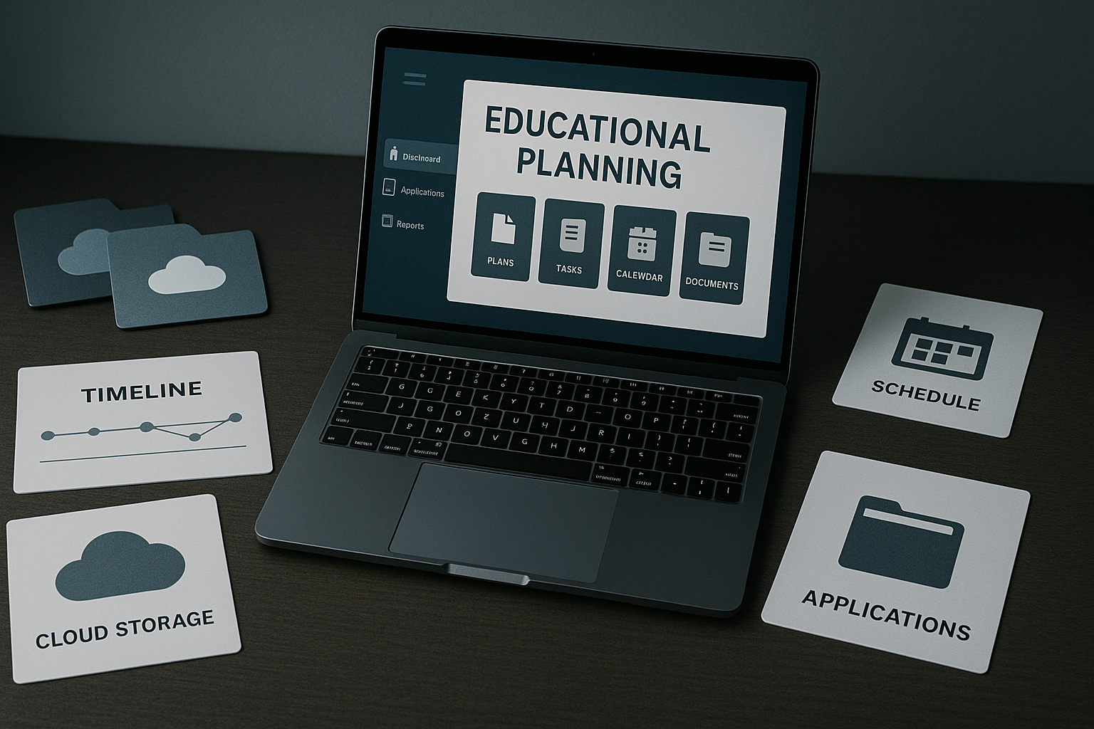 iABC 專業系統意象圖，展示雲端升學規劃系統、申請文件管理與時程儀表板