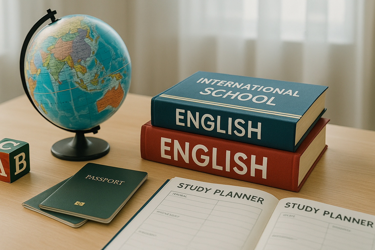 iABC 國外學制意象圖，包含地球儀、國際教材與海外留學規劃相關用品