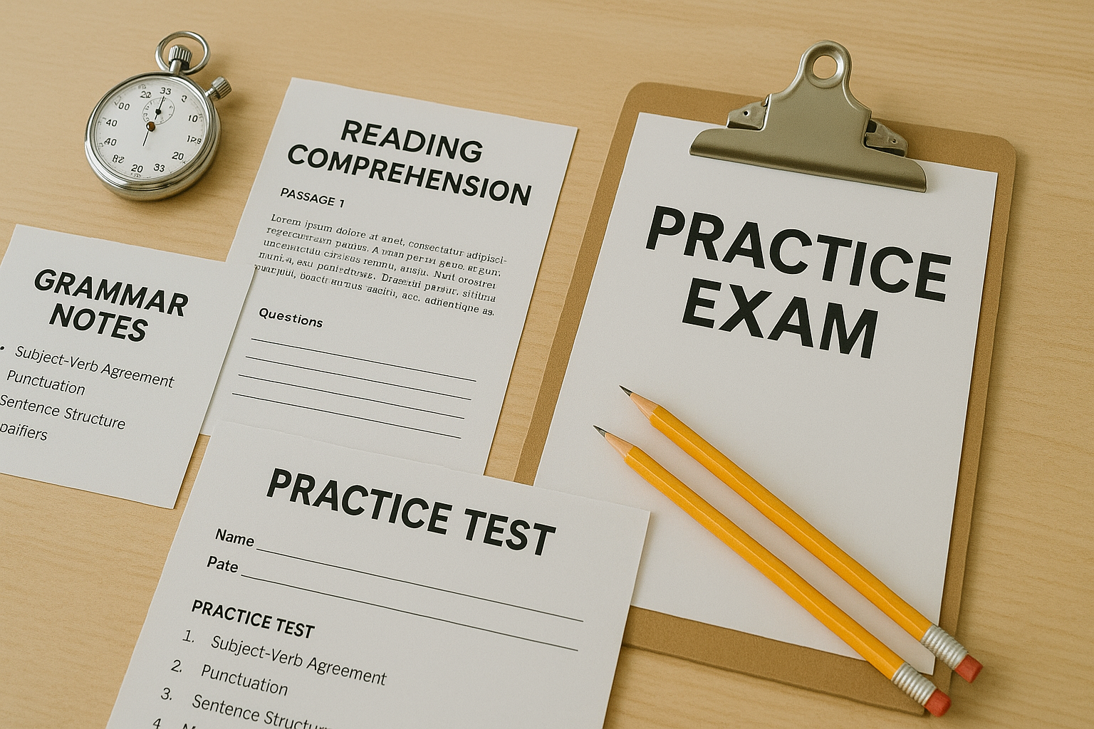 iABC 私校考試準備意象圖，包含模擬試題、文法筆記與練習卷