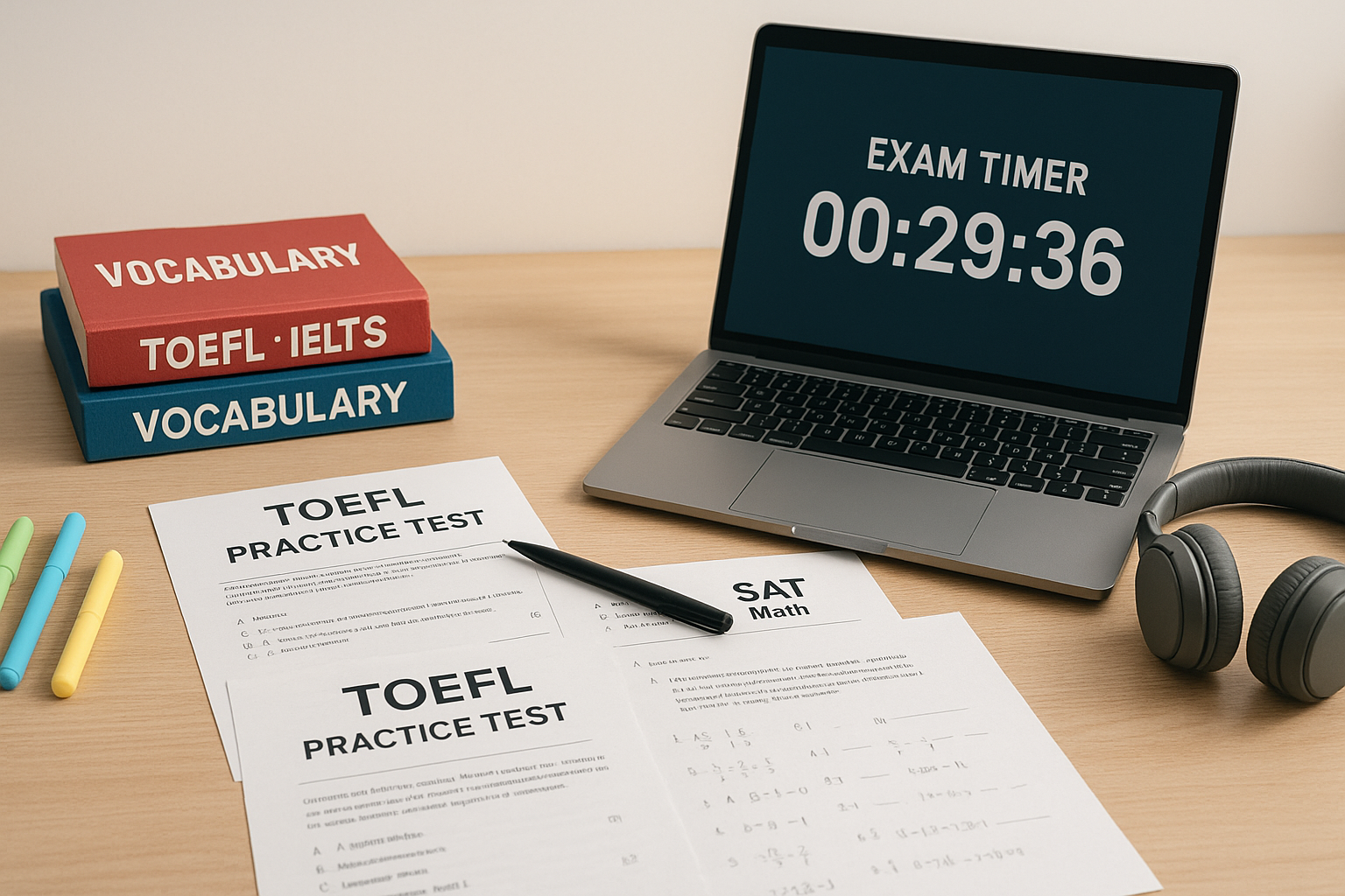 iABC 留學英文考試準備意象圖，包括 TOEFL 模擬試題、SAT 數學紙、本子與考試計時器